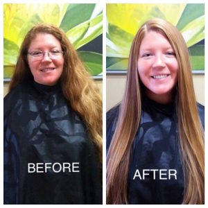 Super long hair before and after Brazilian Blowout photos